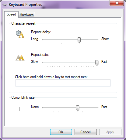 Screen capture depicting Keyboard Properties dialog box with repeat rates, cursor blink rate, and information about the drivers.