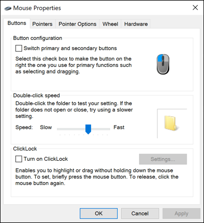 Screen capture depicting Mouse Properties dialog box with button configuration, cursors, and the scroll wheel.