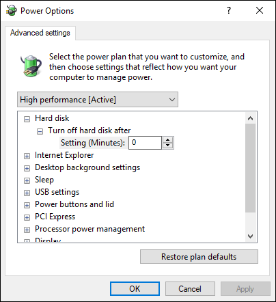 Screen capture depicting Power Options dialog box with Advanced Settings granular power management scheme.