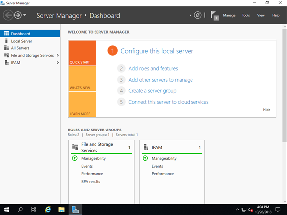 Screen capture depicting Server Manager with IPAM on the left-hand menu.