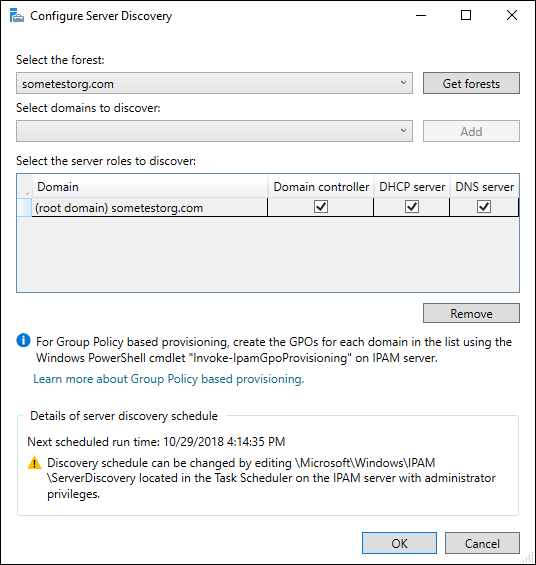 Screen capture depicting Configure Server Discovery screen with forest and domain filled in.