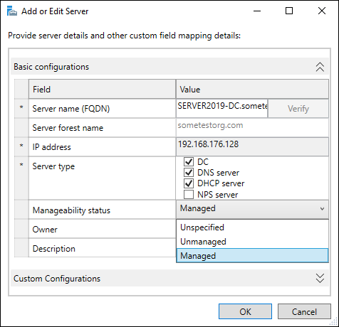 Screen capture depicting Add or Edit Server window with Manageability Status drop-down list.