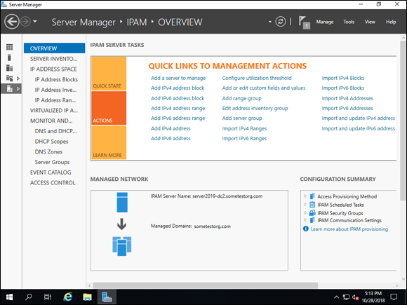 Screen capture depicting Server Manager with a drop-down list of some of the actions against servers that are being managed in IPAM.