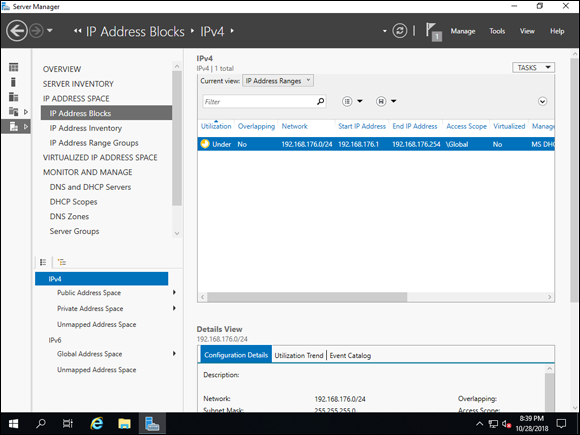 Screen capture depicting Server Manager screen with IP address utilization.