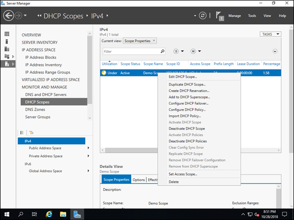 Screen capture depicting Server Manager screen with DHCP Scope configuration drop-down options.