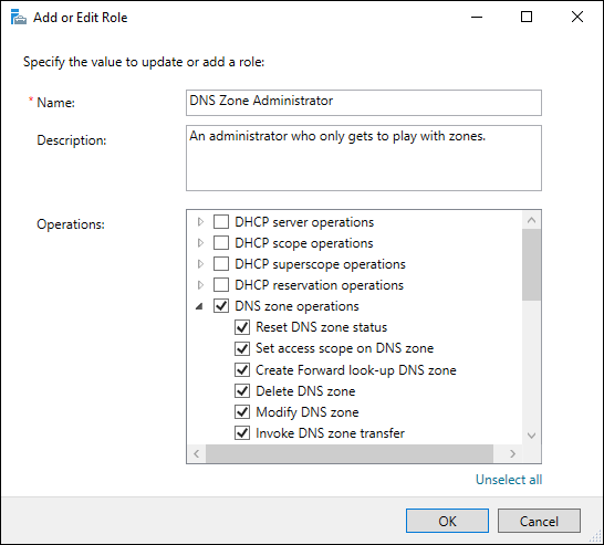 Screen capture depicting Add or Edit Role window with DNS Zone Administrator permissions.