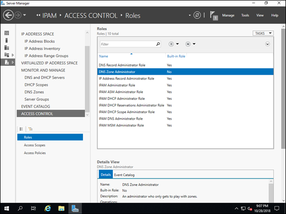 Screen capture depicting Server Manager Roles window with DNS Zone Administrator.