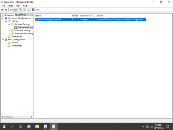 Screen capture depicting Group Policy Management Editor window with source software shared folder.