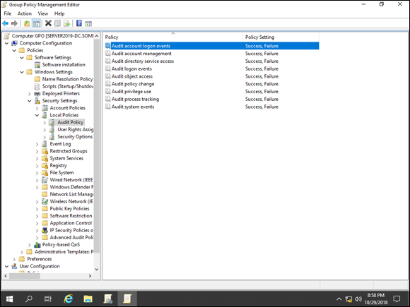 Screen capture depicting Group Policy Management Editor window with audit policy tracker.