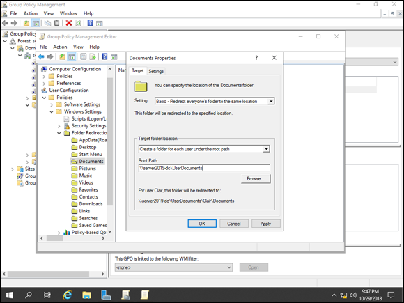 Screen capture depicting Group Policy Management Editor dialog with Document Properties dialog with redirection folder.