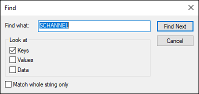 Screen capture depicting Find window with keys selected and a key searched by name.