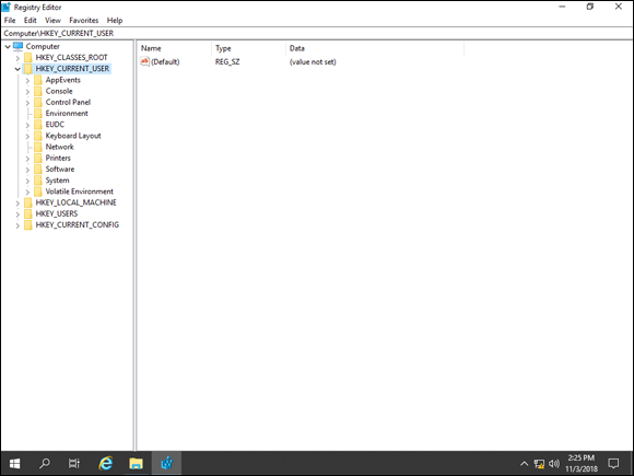 Screen capture depicting Register Editor window with HKCR folder with the currently logged on user's settings.