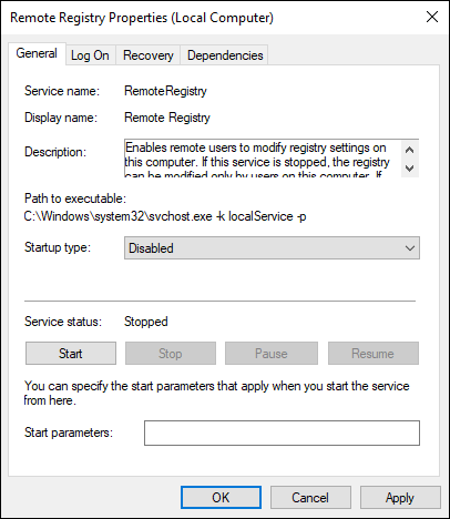 Screen capture depicting Remote Registry properties with Startup Type Disabled in the General Tab.