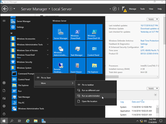 Screen capture depicting start menu, Command Prompt, Run as administrator option.