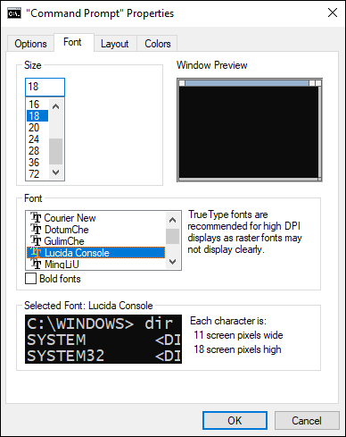 Screen capture depicting Font tab of the Command Prompt.