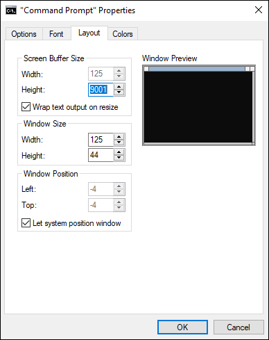 Screen capture depicting Layout tab of the Command Prompt.