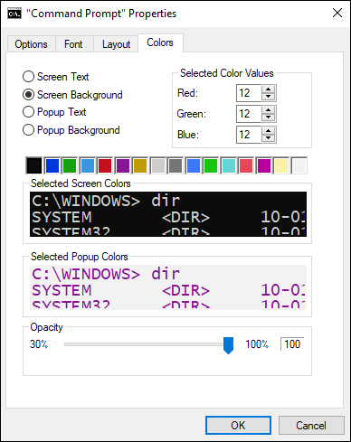 Screen capture depicting Colors tab of the Command Prompt.