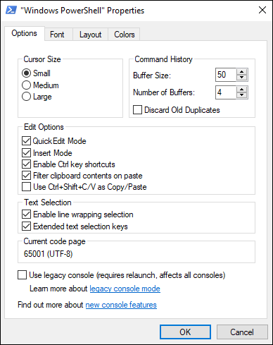 Screen capture depicting Options tab in Windows PowerShell Properties.