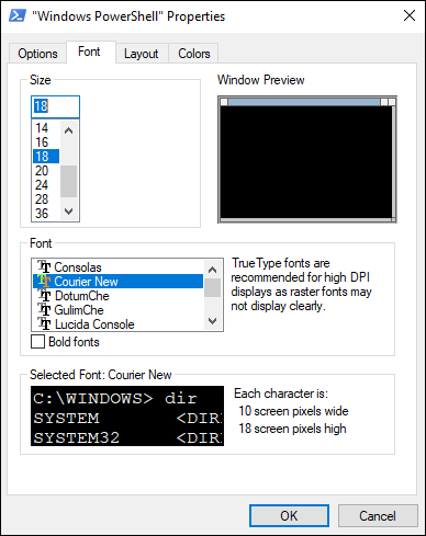 Screen capture depicting Font tab in Windows PowerShell Properties.