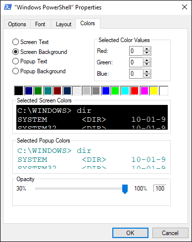 Screen capture depicting Colors tab in Windows PowerShell Properties.