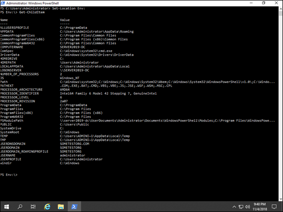 Screen capture depicting  environmental variables and their current settings in Windows PowerShell.