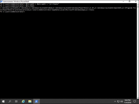 Screen capture depicting PATH environment variable in Windows PowerShell.