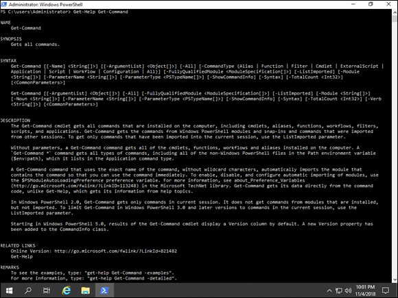 Screen capture depicting PowerShell Help, Get-Command cmdlet in Windows PowerShell.