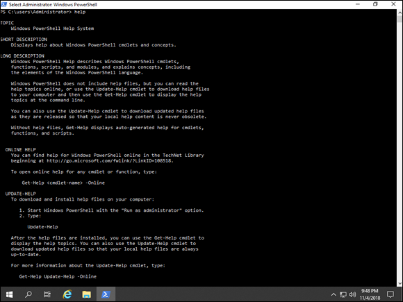 Screen capture depicting help command in Windows PowerShell.