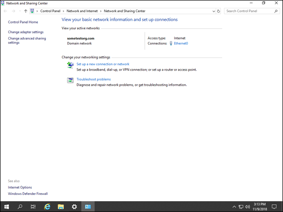 Screen capture depicting Network and Sharing Center in Windows Server 2019.