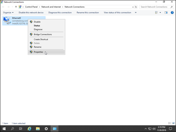 Screen capture depicting Network Connections screen with a drop-down menu with Properties option.