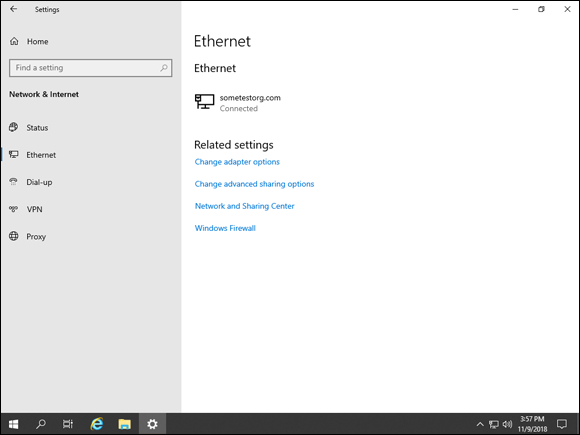 Screen capture depicting Ethernet screen in the Network & Internet section of Settings.