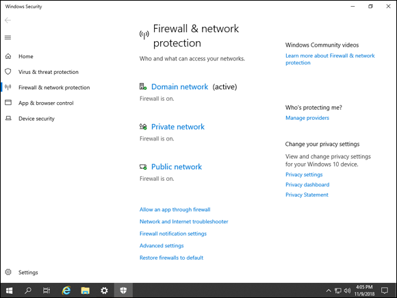 Screen capture depicting Firewall & Network Protection screen in the Network & Internet section of Settings.