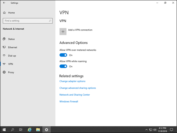 Screen capture depicting VPN screen in the Network & Internet section of Settings.