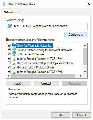 Screen capture depicting  Ethernet0 Properties dialog box.