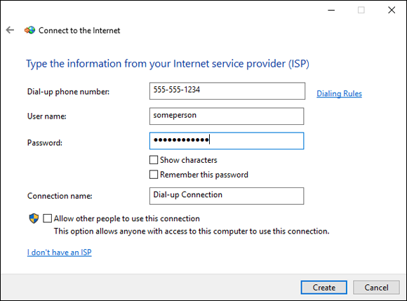 Screen capture depicting Connect to the Internet dialog for configuring a dial-up connection in Windows Server 2019.