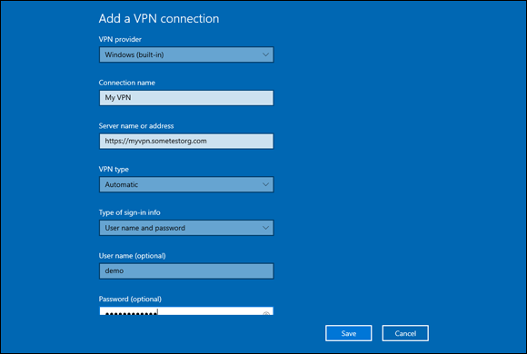 Screen capture depicting Add a VPN Connection screen with details.