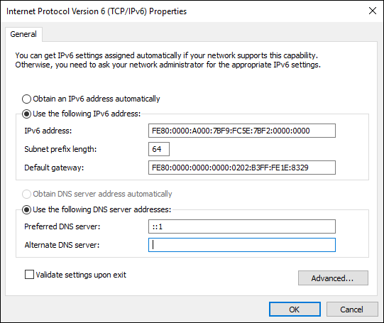 Screen capture depicting Internet Protocol Version 6 (TCP/IPv6) Properties screen.