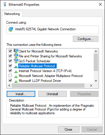 Screen capture depicting  Ethernet0 Properties dialog box with Reliable Multicast Protocol.