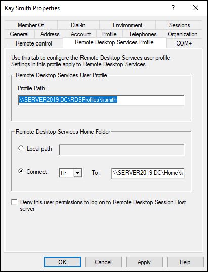 Screen capture depicting Properties dialog box with Remote Desktop Services Profile tab.