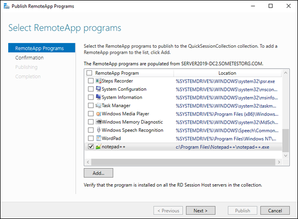 Screen capture depicting Publish RemoteApp Programs dialog box with Notepad++ option selected.