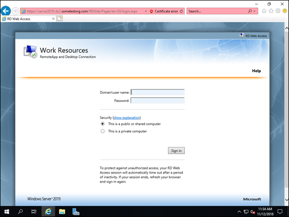 Screen capture depicting https://server2019-dc2.sometestorg.com/RDWeb in a browser with logon screen for RD Web Access.