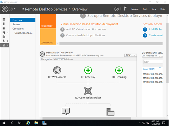 Screen capture depicting Server Manager with Overview screen, under Deployment Overview, RD Licensing with green plus sign.