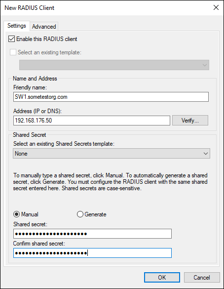 Screen capture depicting New RADIUS Client dialog box.