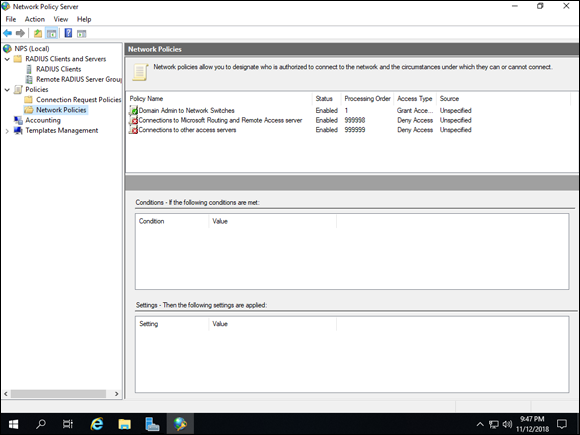 Screen capture depicting Network Policy Server screen with Network Policies.