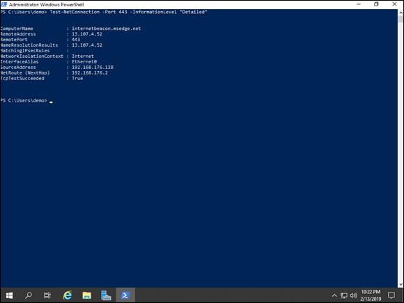 Screen capture depicting PowerShell screen with Test-NetConnection cmdlet command and output.