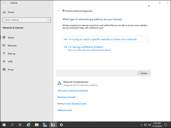 Screen capture depicting Settings screen with Windows Network Diagnostics screen.