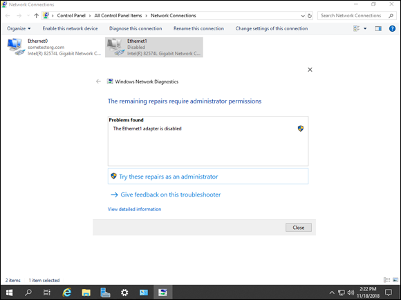 Screen capture depicting Network Connections screen with Windows Network Diagnostics wizard and network disabled.