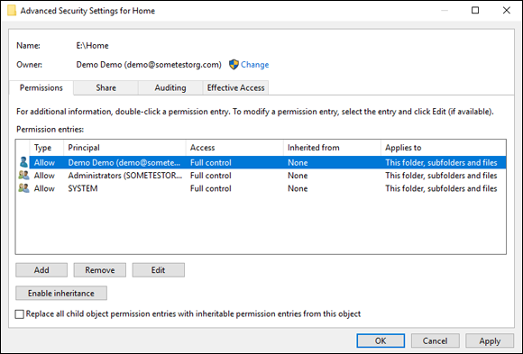 Screen capture depicting Discretionary access control list in Advanced Security Settings window.