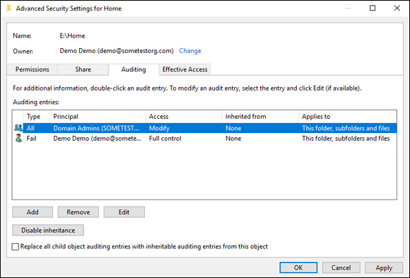 Screen capture depicting SACL audit privileged access in Advanced Security Settings window.