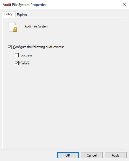 Screen capture depicting Audit File System Properties dialog box with Success, Failure options.